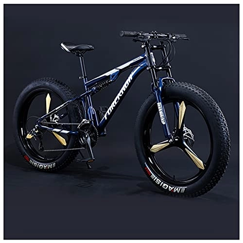 Mountainbike : NENGGE Mountainbike MTB, 26 Zoll Fette Reifen Fahrrad, Fahrrad mit Scheibenbremsen, Rahmen aus Kohlenstoffstahl, Erwachsenen MTB Fahrrad für Herren und Damen, 27 Speed, Blue 3 Spoke