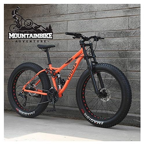 Mountainbike : NENGGE MTB 26 Zoll Fette Reifen für Erwachsenen Herren Damen, Vollfederung Mountainbike mit Zwei Scheibenbremsen, Jugend Unisex Kohlenstoffstahl Fahrräder, Orange, 27 Speed
