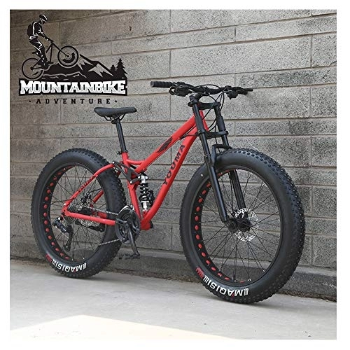 Mountainbike : NENGGE MTB 26 Zoll Fette Reifen für Erwachsenen Herren Damen, Vollfederung Mountainbike mit Zwei Scheibenbremsen, Jugend Unisex Kohlenstoffstahl Fahrräder, Rot, 21 Speed