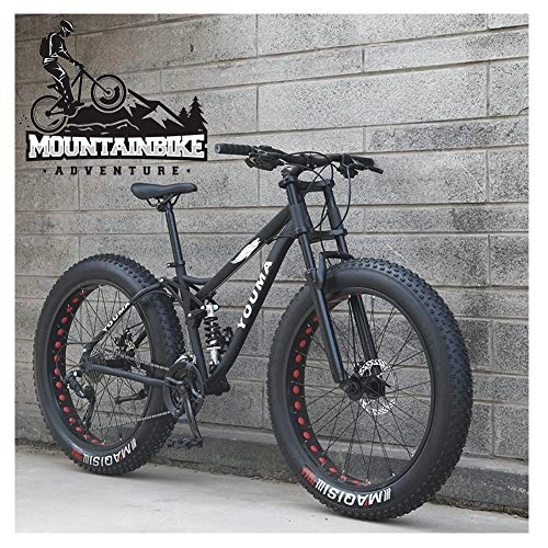 Mountainbike : NENGGE MTB 26 Zoll Fette Reifen für Erwachsenen Herren Damen, Vollfederung Mountainbike mit Zwei Scheibenbremsen, Jugend Unisex Kohlenstoffstahl Fahrräder, Schwarz, 21 Speed