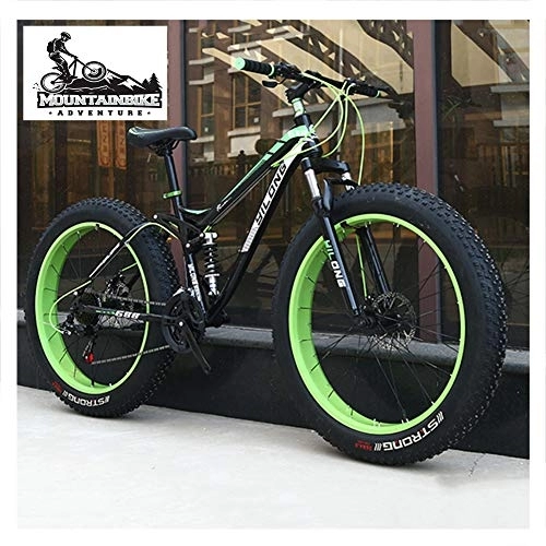 Mountainbike : NENGGE Vollfederung Fahrräder MTB für Herren Damen, Unisex Fette Reifen Mountainbike mit Zwei Scheibenbremsen, Rahmen aus Kohlenstoffstahl, Grün, 24 Inch 27 Speed