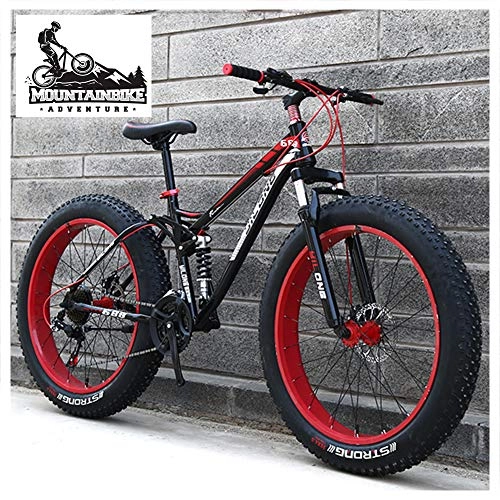 Mountainbike : NENGGE Vollfederung Fahrräder MTB für Herren Damen, Unisex Fette Reifen Mountainbike mit Zwei Scheibenbremsen, Rahmen aus Kohlenstoffstahl, Rot, 24 Inch 21 Speed