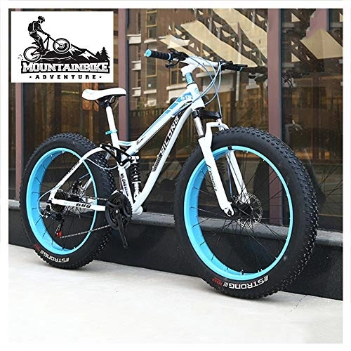 Mountainbike : NENGGE Vollfederung Fahrräder MTB für Herren Damen, Unisex Fette Reifen Mountainbike mit Zwei Scheibenbremsen, Rahmen aus Kohlenstoffstahl, Weiß, 26 Inch 27 Speed