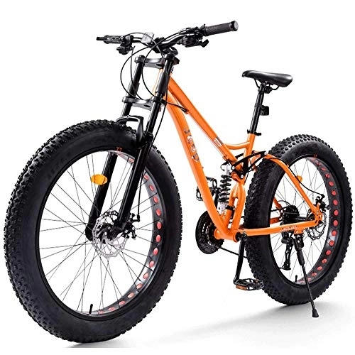 Mountainbike : NENGGE Vollfederung Mountainbike 26 Zoll für Herren Damen, Erwachsenen Fette Reifen MTB mit Scheibenbremsen, Unisex Fahrräder, Rahmen aus Kohlenstoffstahl, Orange, 21 Speed