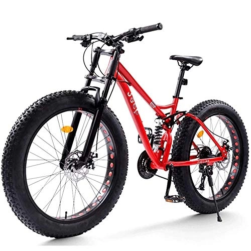 Mountainbike : NENGGE Vollfederung Mountainbike 26 Zoll für Herren Damen, Erwachsenen Fette Reifen MTB mit Scheibenbremsen, Unisex Fahrräder, Rahmen aus Kohlenstoffstahl, Rot, 27 Speed