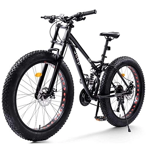 Mountainbike : NENGGE Vollfederung Mountainbike 26 Zoll für Herren Damen, Erwachsenen Fette Reifen MTB mit Scheibenbremsen, Unisex Fahrräder, Rahmen aus Kohlenstoffstahl, Schwarz, 27 Speed
