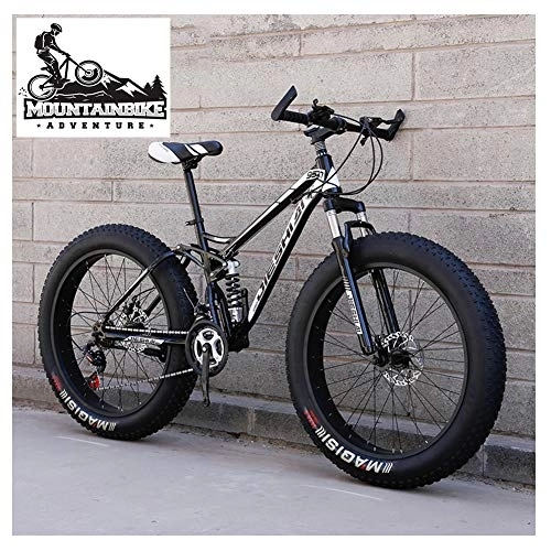 Mountainbike : NENGGE Vollfederung MTB mit Zwei Scheibenbremsen für Herren & Damen, Fette Reifen Erwachsenen Jugend Mountainbike, Kohlenstoffstahl Unisex Fahrräder, Schwarz, 26 Inch 7 Speed