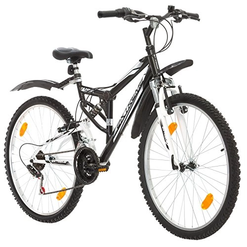 Mountainbike : Probike EXTREME 26 Zoll Fahrrad Mountainbike Vollfederung Shimano 18 Gang Herren-Fahrrad, Damen-Fahrrad, Jungen-Fahrrad Mädchen-Fahrrad, geeignet ab 155 – 180 cm ((Scwarz mit Kotflügel))