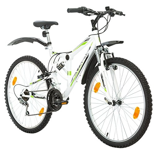 Mountainbike : Probike EXTREME 26 Zoll Fahrrad Mountainbike Vollfederung Shimano 18 Gang Herren-Fahrrad, Damen-Fahrrad, Jungen-Fahrrad Mädchen-Fahrrad, geeignet ab 155 – 180 cm ((Weiß mit Kotflügel))