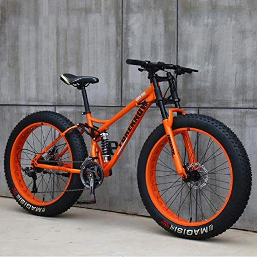 Mountainbike : QMMD 24 Zoll / 26 Zoll Herren MTB, 7-21-24-27- Gang-Schaltung Vollfederung Mountain Bike, Erwachsenen Rahmen aus Kohlenstoffstahl Mountainbike, Fette Reifen Fahrrad, 24 inches orange, 21 Speed