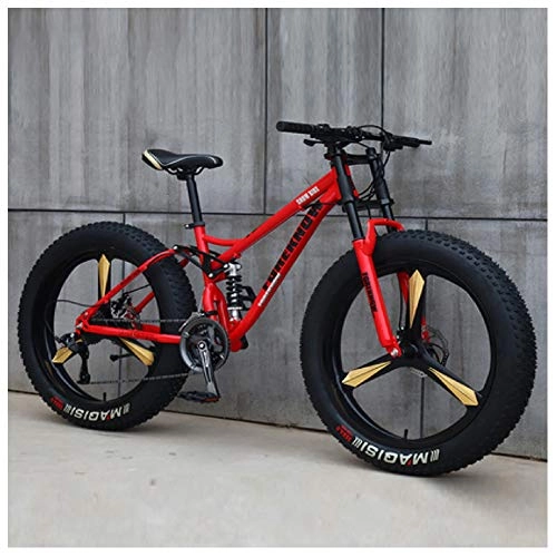 Mountainbike : QMMD 26 Zoll MTB, MTB Fahrrad für Herren und Damen, Vollfederung Mountain Bike, 7-21-24-27-Gang Mountainbike, Rahmen aus Kohlenstoffstahl, Fette Reifen Fahrrad, Red 3 Spoke, 27 Speed