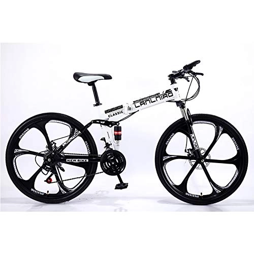 Mountainbike : Unisex Mountainbike mit Zwei Federn 21 / 24 / 27 Geschwindigkeiten Klapprahmen MTB-Bike 26 Zoll 6-Speichen-Räder mit Doppelscheibenbremse, White, 21Speed
