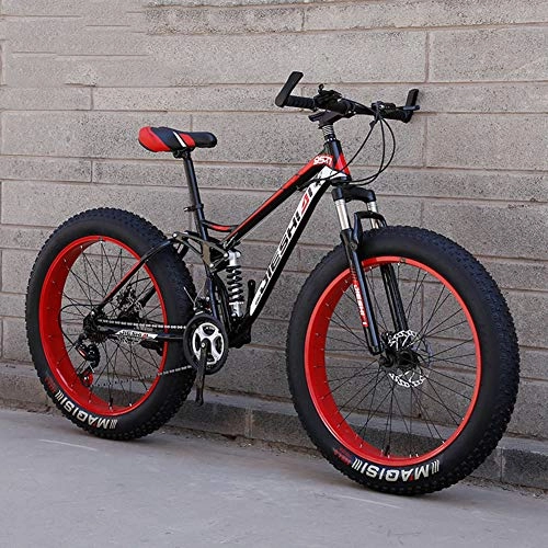 Mountainbike : WJH 26-Zoll-Fat Tire Erwachsene Mountain Bike, Doppelscheibenbremse / High-Carbon Stahlrahmen-Kreuzer-Fahrräder, Strand Snowmobile Fahrraddoppel Schock, Rot, 24speed 26 inches