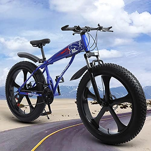 Mountainbike : WLWLEO Fat Tire Mountainbike 26 Zoll Räder, 4 Zoll breite Reifen, 21 / 24 / 27 Geschwindigkeit, Vorder- und Hinterradbremse, Rahmen aus Kohlenstoffstahl, Federgabel, Schnee-Anti-Rutsch-Fahrrad, Blau, 27 Speed