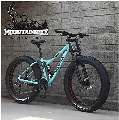 Mountainbike : Wttfc MTB 26 Zoll Fette Reifen für Erwachsenen Herren Damen, Vollfederung Mountainbike mit Zwei Scheibenbremsen, Jugend Unisex Kohlenstoffstahl Fahrräder, Grün, 21 Speed