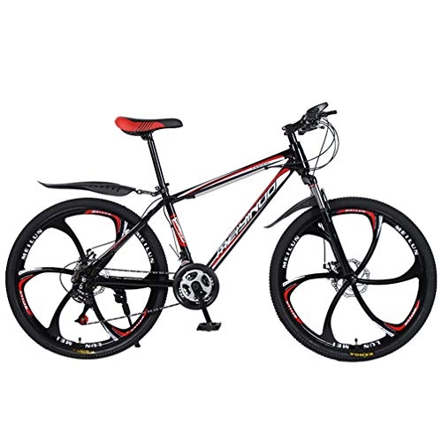 Mountainbike : ZKHD 26-Zoll-Kohlenstoffstahl-6-Speichen-Ein-Rad VTT mit Doppelscheibenbremsen, Stoßdämpfung und -Zeiten Geländefahrrad, Black red, 26 inches