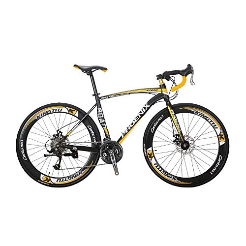 Rennräder : AEDWQ 27-Gang-Rennrad, High-Carbon Stahlrahmen, Doppelscheibenbremse Fahrrad, 700C Speichen Big Windschutz Reifen, Schwarz, Rot / Schwarz Gelb (Color : Black Yellow)