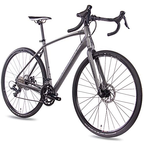 Rennräder : CHRISSON 28 Zoll Gravel Bike Road One grau matt 56 cm, Cyclocross Fahrrad mit 18 Gang Shimano Sora, Cross Rennrad für Damen und Herren