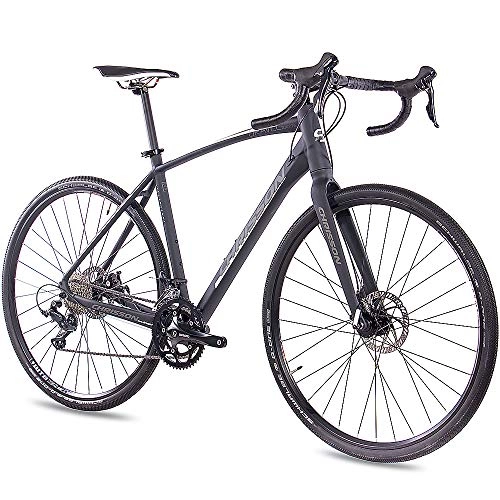 Rennräder : CHRISSON 28 Zoll Gravel Bike Road One schwarz matt 56 cm, Cyclocross Fahrrad mit 18 Gang Shimano Sora, Cross Rennrad für Damen und Herren