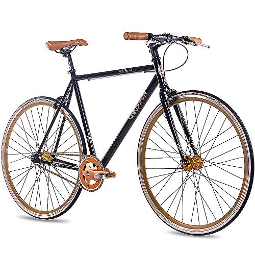 Rennräder : CHRISSON 28 Zoll Vintage Fixie Singlespeed Retro Fahrrad FG Flat 1.0 schwarz Gold 56 cm - Urban Old School Fixed Gear Bike für Damen und Herren