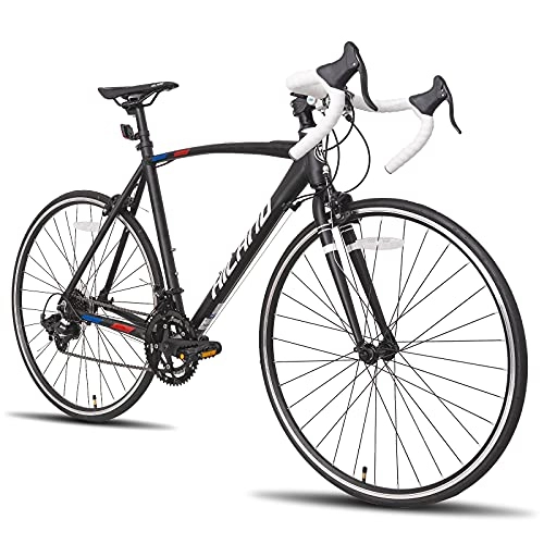 Rennräder : Hiland Rennrad 700c mit Shimano 14 Gänge Schaltung 60 cm Aluminiumrahmen Racing Bike Cityrad Pendlerfahrrad für Damen und Herren Schwarz