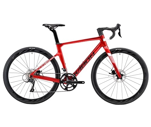 Rennräder : KABON Rennrad Carbon, Carbon Rahmen Gabel und Sattelstütze mit Shimano SORA 18 Gänge, Scheibenbremse Carbon rennrad Herren Damen Jungen Urban Commuter (Rot, 56cm)
