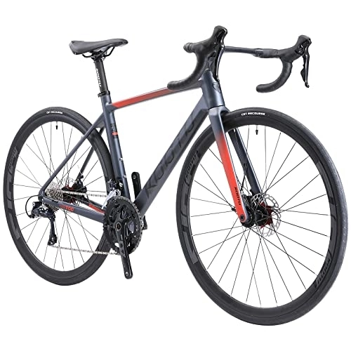 Rennräder : KOOTU Rennrad Carbon, Carbon Rahmen Fahrräder mit Shimano Sora R3000 18 Gänge Kettenschaltung und Scheibenbremse Rennräder 700c Fahrrad für Herren Damen und Jungen (54cm, Grau rot)