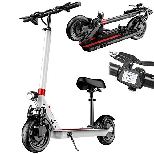 Electric Scooter : ATGTAOS Electric Scooter for Adults with Motor, Adult Scooter with Double Seat and Brake, Foldable Electric Scooter with 10 Inch Tyre, USB Charging for Mobile Phone, White