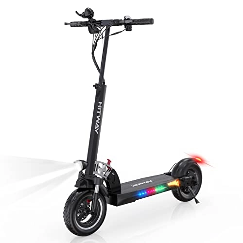 Electric Scooter : HITWAY 10" Adults Electric Scooter, 800 Watt Portable Folding E-Scooter, 48V / 10Ah Li-Battery , Max Range 25 Miles, 3 Speeds(Max 28mph), Colorful LED Lights