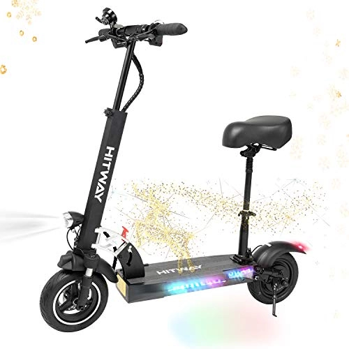 Electric Scooter : HITWAY Electric Scooter, Folding Electric Offroad Scooter with Seat, Lightweight and Foldable E-Scooter for Adults, Height Adjustabe Commuting Scooter Maximum Load 200kg, 40 km Long-Range