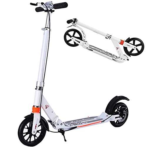 Electric Scooter : XYEJL Folding Non Electric Two Wheel Aluminum Alloy Scooter, Popular Scooter for Adult, Front & Rear Wheel Anti Shock Suspension with Hand and Foot Brakes, White