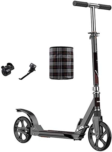 Scooter : Adult Scooter Adult Kick Scooter With Dual Suspensions And Big Wheels Folding All Terrain Glider Scooter For Commuting Adjustable Height Inclued Basket, Tripod And Bells (Color : Black)