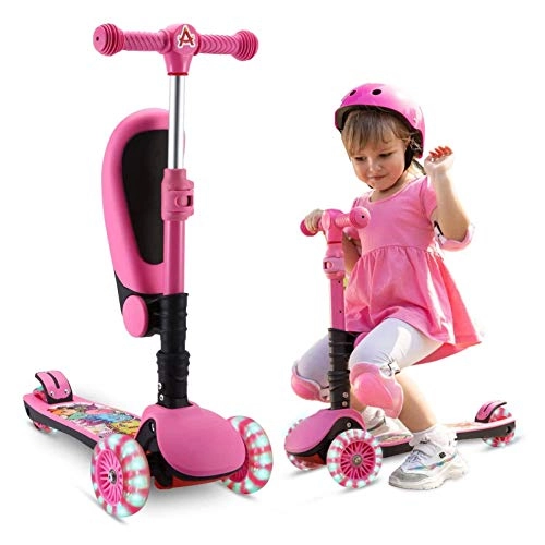 Scooter : AOODIL 2 in 1 Kick Scooter for Kids, Adjustable Height Foldable Scooter with Removable Seat, 3 LED Light Wheels / Rear Brake / Wide Standing Board Scooters for Toddlers Girls & Boys 2-12 Years Old