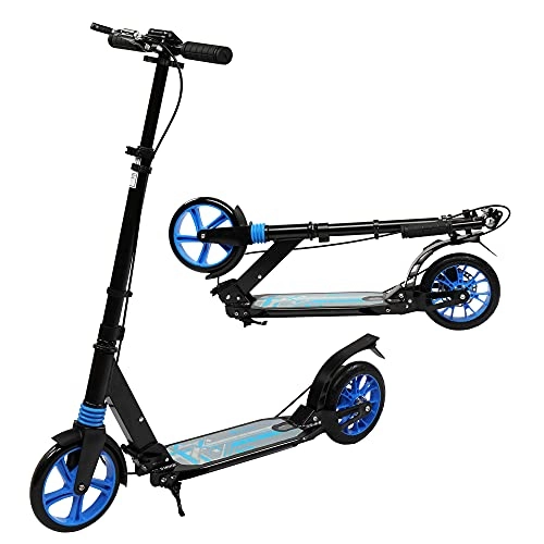 Scooter : Bonnlo Foldable Kick Scooter for Adults Teens Kids, 8" Big Wheels Scooter with Front & Rear Brake, Adjustable T-Bar, Kickstand, Carry Strap Lightweight Youth Scooters (Sky Blue)