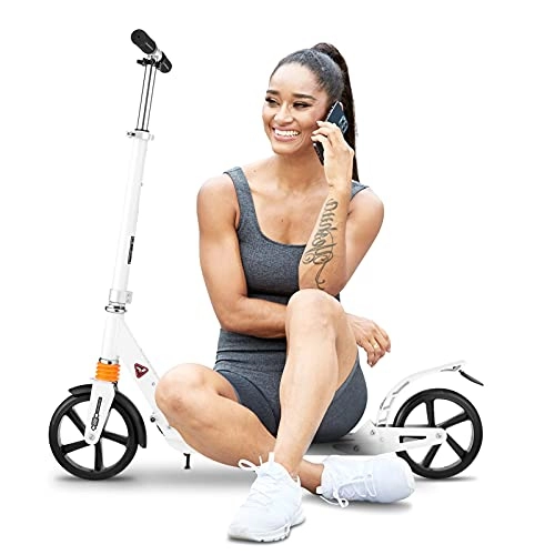 Scooter : Caroma Scooters for Adults Kick Scooter with Kick stand Brake, Dual Suspension System, Quick Release Folding and Adjustable Height 8 inch Big Wheels Scooters with Strap for Adults and Teens (White)