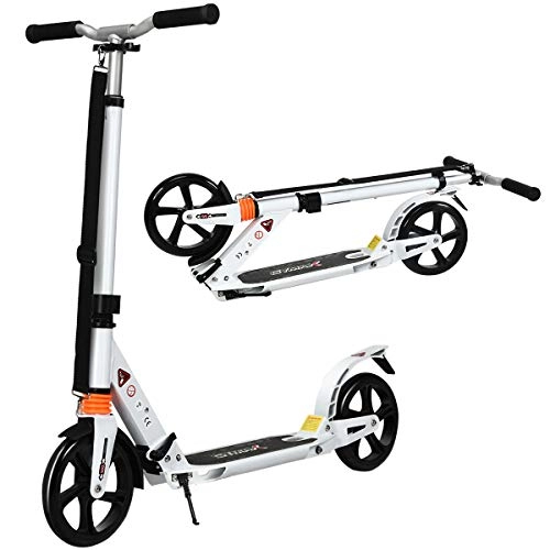 Scooter : COSTWAY Folding Kick Scooter, Light Weight Aluminum City Scooter with Two Big Wheels, Carrying Strap, 3 Heights Adjustable Street Scooter for Kids, Teens and Adults (White)