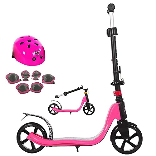 Scooter : DODOBD Foldable Kick Scooter for Adults Teens Kids, 180mm Big Wheels Scooter with Rear Brake, Height adjustable Urban Scooter with Carbon steel foot support and protective gear decoration