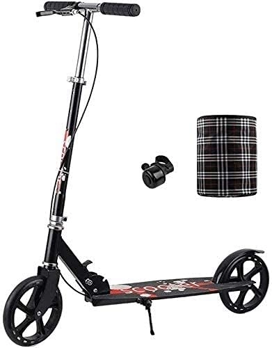 Scooter : HAO KEAI Kick Scooters for Teens / Adults Scooters Adult Folding Adult Kick With Hand Brake Big Wheels Commuter With Bell And Basket Adjustable Height Supports 220lbs (Color : Black)
