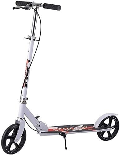 Scooter : HAO KEAI Kick Scooters for Teens / Adults Scooters Adult Folding Adult Kick With Hand Brake Big Wheels Commuter With Bell And Basket Adjustable Height Supports 220lbs (Color : White)