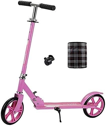 Scooter : HAO KEAI Kick Scooters for Teens / Adults Scooters Adult Urban Adult Kick With Big Wheels And Basket Folding Portable Commuter Adjustable Height Bell Included (Color : Pink)