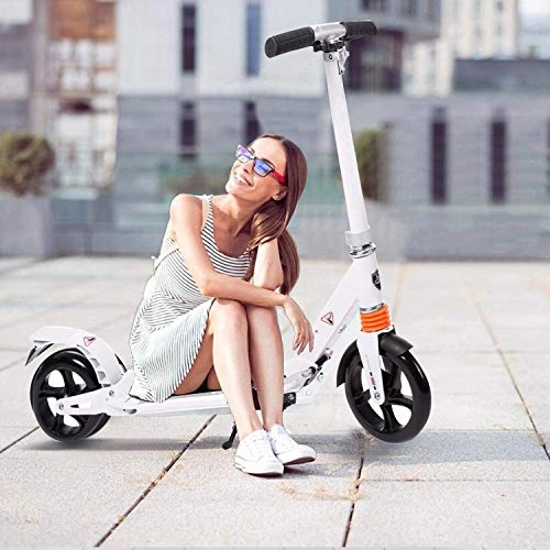 Scooter : Hesyovy Lightweight Scooter T-Style Sturdy Aluminium Alloy Foldable Height Adjustable Big Wheel 195 mm Wheels City Scooter for Adults (White)