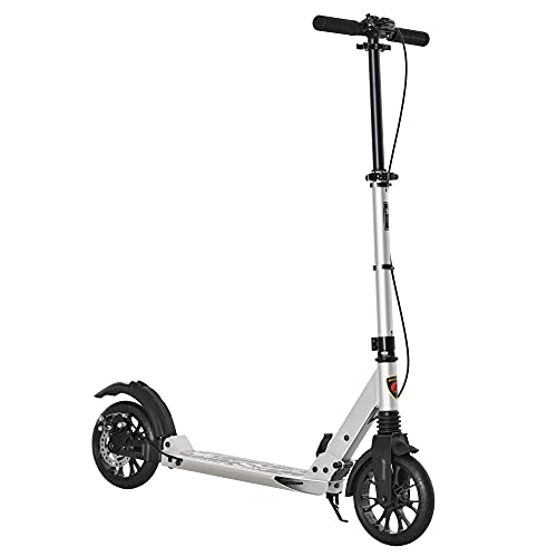 Scooter : HOMCOM Adult Teens Kick Scooter Foldable Height Adjustable Aluminum Ride On Toy for 14+ with Rear Wheel & Hand Brake, Shock Mitigation System - Silver