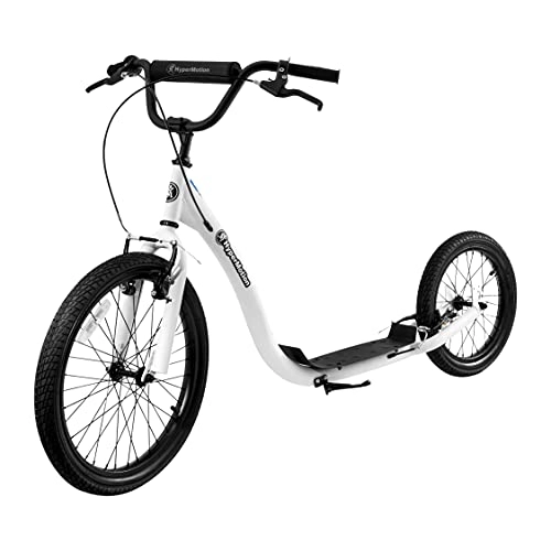 Scooter : HyperMotion Riva City Scooter with Inflatable Wheels 50 cm and 40 cm, Teen Kids Stunt Scooter Children Kick Scooter Adjustable Handlebar 2 Brakes Ride, White