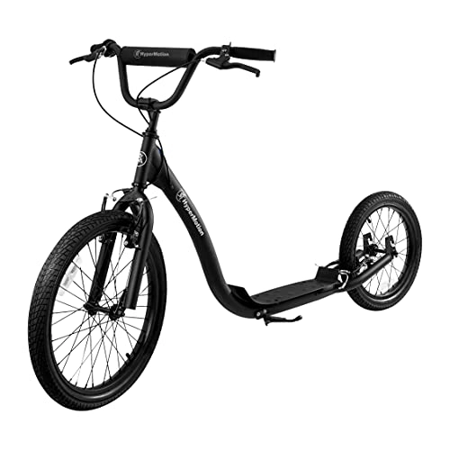 Scooter : HyperMotion Scooter for Adults, Scooter for Teenagers and Adults 100kg Max. Weight Capacity, Inflatable Solid Steel Large Wheels 20’’ and 16’’, Adjustable Handlebar 2 Brakes Ride, RIVA, Black