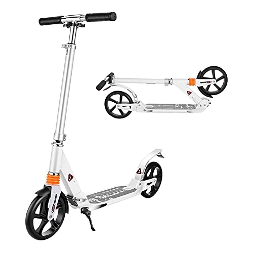 Scooter : Kick Scooter, Kickstand Dual Brake System 200mm Wheels Adjustable Big Wheels Push Scooter, with Disc Foldable Handbrake for Adult Urban (White)