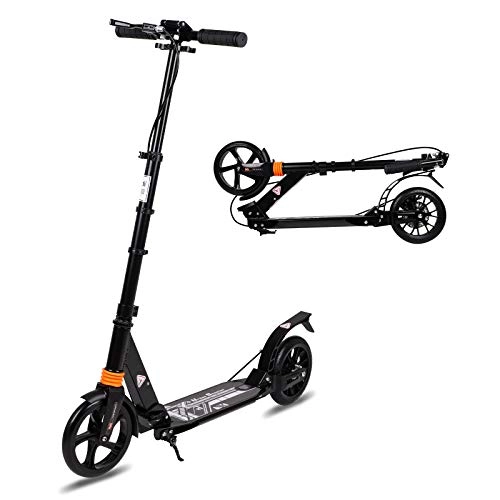 Scooter : Kick Scooter with Disc Handbrake, Foldable Adjustable Handlebar Adult Push Scooter with Kickstand, Dual Brake System 200mm Wheels ABEC-7 Bearings for Boys Girls Adults Ages 8 9 10 11 12+ Gift (Black)