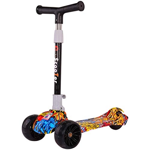 Scooter : Kick Scooters Kick Scooter LED Flash Wheel Scooters Height-Adjustable Toddler Scooters With Music Suitable For Children From 3 To 12 Years Old quick release folding system (Color : Graffiti yellow)
