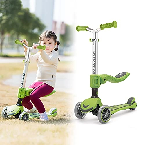 Scooter : Kicknroll 2-in-1 Kick Scooter for Kids, Foldable & 4 Adjustable Height Scooter with Seat for Aged 18 Months to 8 Years Kids Boys Girls, 3 LED Flash Wheel, Load 50 kg, T-Bar, Extra-Wide & Anti-Slip Deck