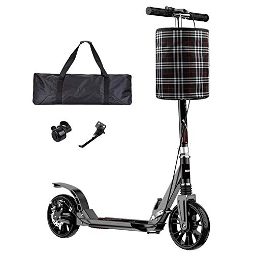 Scooter : LXLA - Adult Kick Scooter with Big Wheels and Disc Handbrake, Folding Dual Suspension Commuter Scooter with Carry Bag and Basket, Supports 330lbs (Color : Black)