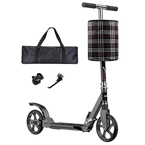 Scooter : LXLA - Adult Kick Scooter with Big Wheels and Dual Suspension, Foldable Commuter Scooter with Carry Bag and Basket, Load 330 Lbs / 150 Kg (Color : Black)